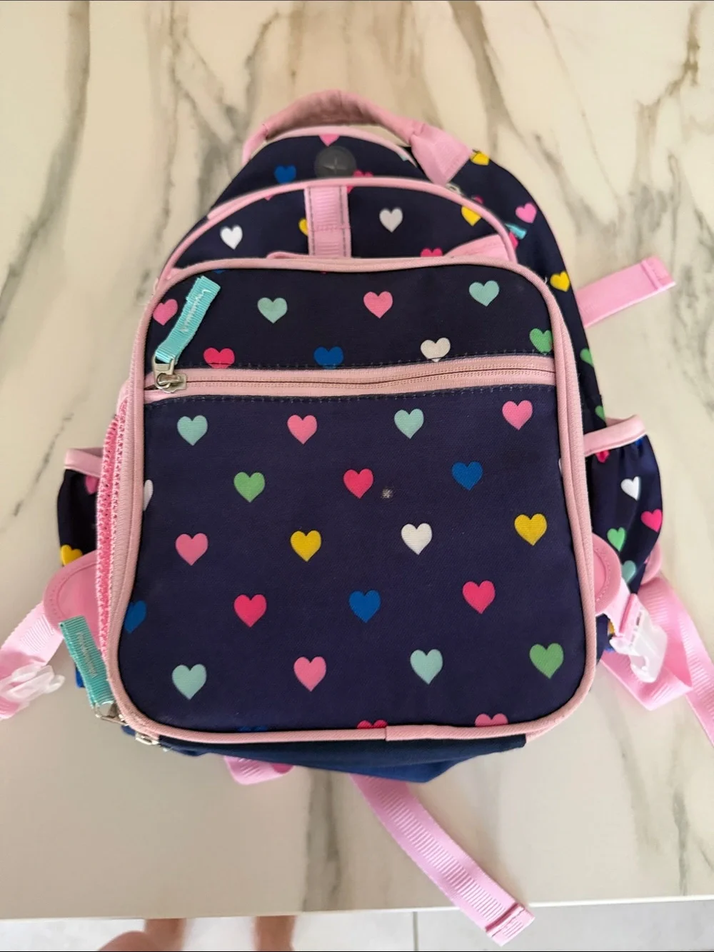 Kids Pottery Barn Heart Print Navy and Pink Backpack and lunchbox set